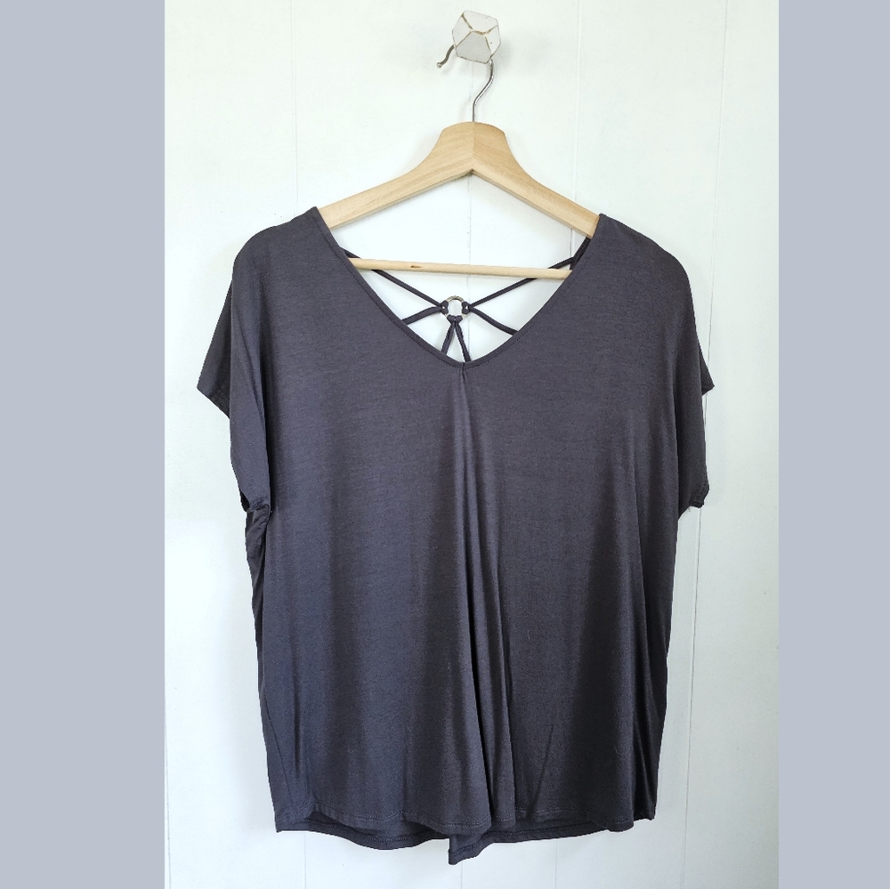 Charcoal V-Neck Dolman Tee with Crisscross Back Detail
